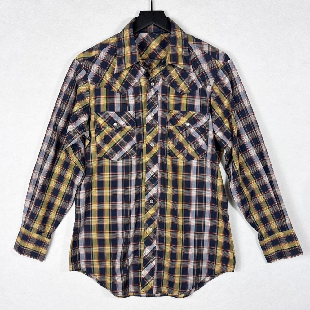 Vintage Lariat Mens M Plaid Western Pearl Snap Long Sleeve Shirt Yellow Blue